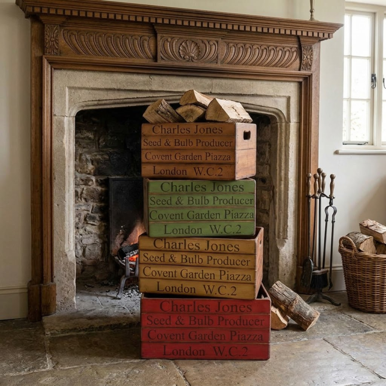 Crate set of 4 by a fireplace