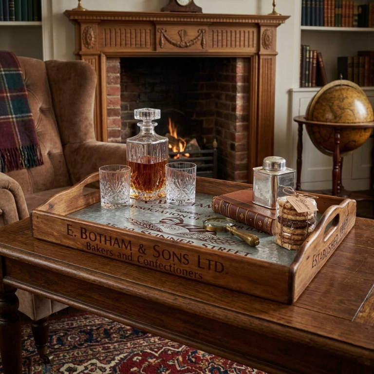 Wooden tray with decanter and glasses